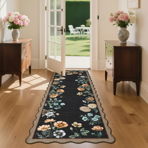 FairOnly Black 2'x6'Modern Farmhouse Flower Washable Runner Rug Pastoral Non Slip Ultra Thin Rug for Kitchen Bedroom Hallway