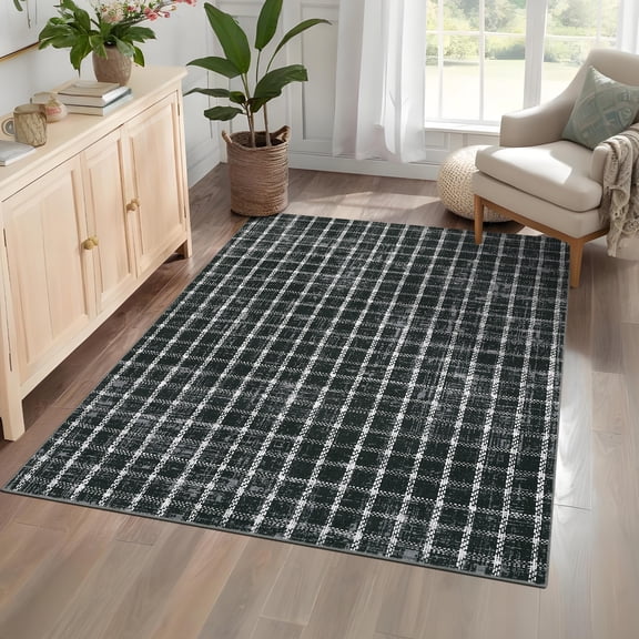 FairOnly Black 3'x5'Modern Plaid Machine Washable Low Pile Area Rugs for Dinning Room Non Slip Foldable Rug for Bathroom Bedroom