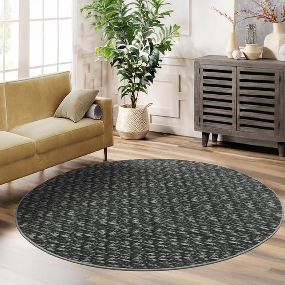 FairOnly Black 4'x4' Contemporary Non Slip Rount Area Rug for Bedroom Stain Resistant Low Pile Herringbone Pattern Soft Floor Rug for Living Room Kitchen