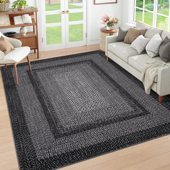 FairOnly Black 6'x9'Washable Woven Print Area Rugs Non Slip Non Shedding Floor Carpet for Bed Room Kid's Room