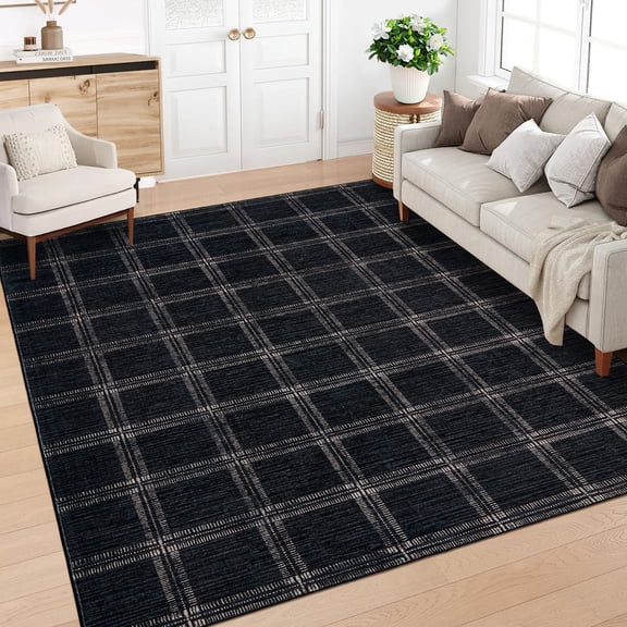 FairOnly Black 9'x12'Modern Geometric Checkered Area Rug for Living Room Machine Washable Low Pile Pet Friendly Non Slip Rug for Bedroom Kitchen Dining Room
