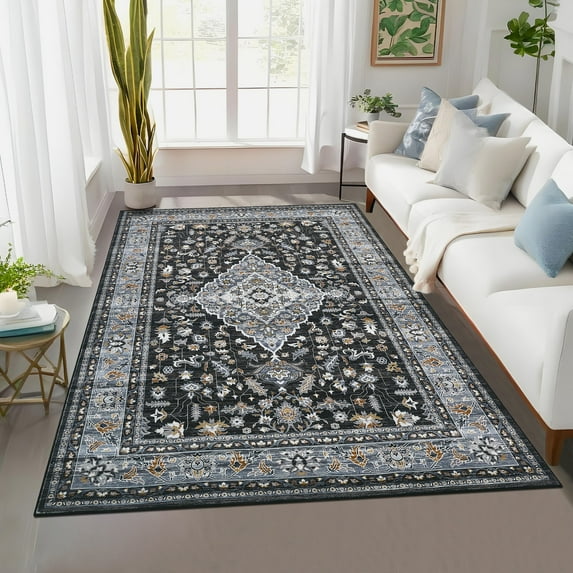 FairOnly Black 9'x12'Vintage Floral Printed Machine Washable Large Area Rug Non Slip Soft Medallion Oriental Carpet for Living Room Home Office