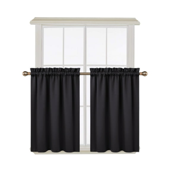 FairOnly Blackout Kitchen Curtian 36 inch Solid Rod Pocket Bathroom Curtains, Black, 2 Panels