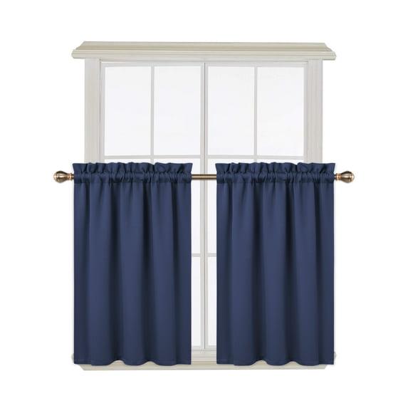 FairOnly Blackout Kitchen Curtian 36 inch Solid Rod Pocket Bathroom Curtains, Navy, 2 Panels
