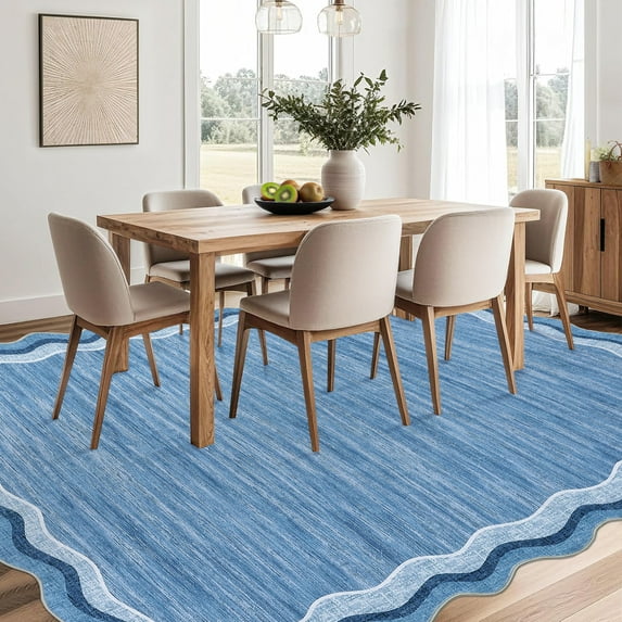FairOnly Blue 10'x13'Modern Minimalist Ruffle Edge Washable Area Rug Ultra Thin Low Pile Non-Slip Floor Rug for Bedroom Living Room Kitchen Decor