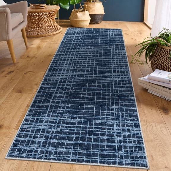 FairOnly Blue 2'x6'Modern Machine Washable Non Slip RunnerRug Intertwined Geometric Soft Low Pile Rug for Dining Room Laundry Kitchen