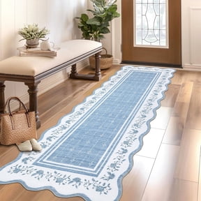 FairOnly Blue 2'x6'Modern Minimalist Scalloped Border Machine Washable Runner Rug for Hallway Kitchen Low Pile Non Slip Pet Friendly Floor Cover for Laundry