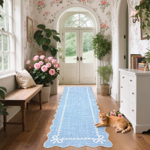 FairOnly Blue 2'x6'Solid Flounce Border Machine Washable Runner Rug for Bedroom Kitchen Stain Resistant Pet Friendly Low Pile Non Slip Floor Cover for Hallway Bathroom