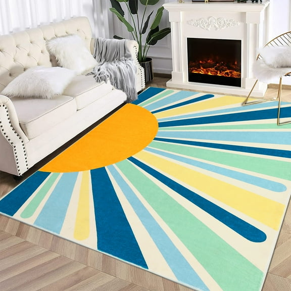 FairOnly Blue 3'x8'Machine Washable Modern Sun Pattern Printed Low Pile Area Rug Non Slip Non Shedding Soft Floor Cover for Living Room Bedroom Dinning Room