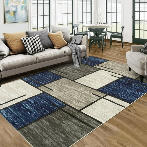 FairOnly Blue 5'x7'Modern Geometric Machine Washable Area Rug for Living Room Grid Non Slip Low Pile Floor Cover for Bedroom Kitchen Dinning Room