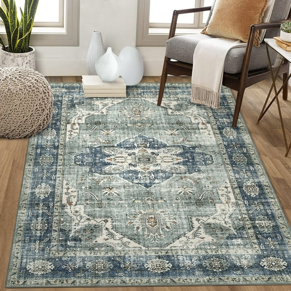 FairOnly Blue 6'x9' Oriental Distressed Area Rugs for Living Room Washable Non Slip Rugs for Bathroom Home Office Carpet