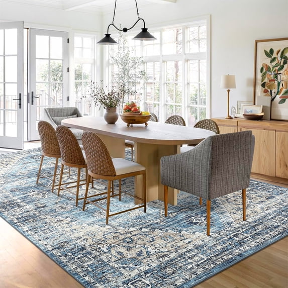 FairOnly Blue 8'x10'Boho Vintage Floral Printed Washable Area Rug Low Pile Stain Resistant Non-Slip Distressed Rug for Bedroom Kitchen Dining