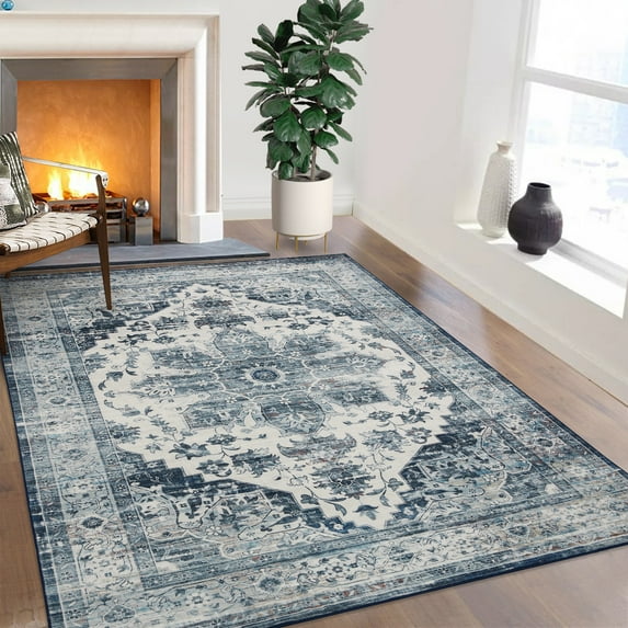 FairOnly Blue 8'x10'Distressed Low Pile Floral Printed Indoor Area Rug Non Slip Washable Vintage Area Rug for Living Room Bedroom Kitchen