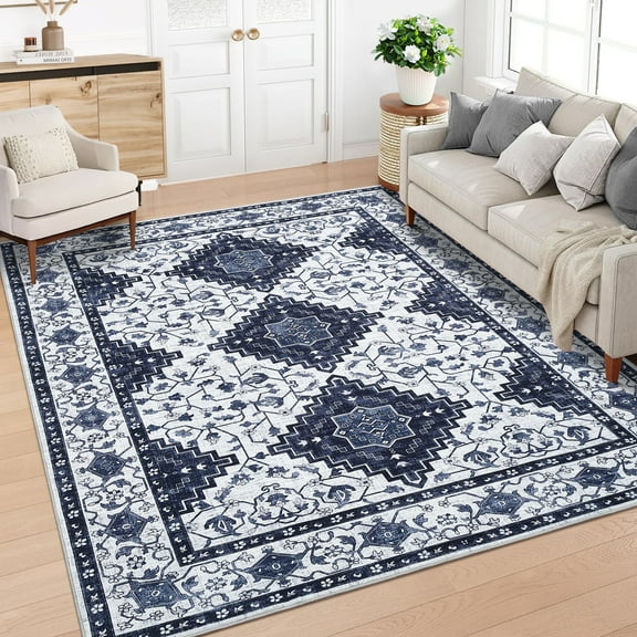 FairOnly Blue 8'x10'Floral Printed Rugs for Living Room Vintage Stain Resistant Soft Low Pile Area Rugs for Kitchen Dining Room