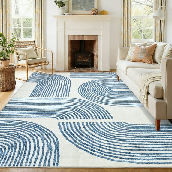 FairOnly Blue 8'x10'Modern Geometric Rhythmic Arc Area Rug for Home Decor Machine Washable Low Pile Non Slip Soft Rug for Living Room Bedroom Kitche Laundry