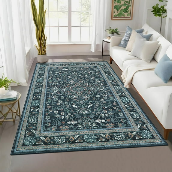 FairOnly Blue 8'x10'Vintage Floral Printed Machine Washable Large Area Rug Non Slip Soft Medallion Oriental Carpet for Living Room Home Office