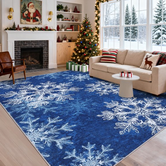 FairOnly Blue 9'x12'Snowflakes Christmas Area Rug for Living Room Ultra Soft&Thin Low Pile Non Slip Floor Rug for Dining Room Kitchen Bedroom