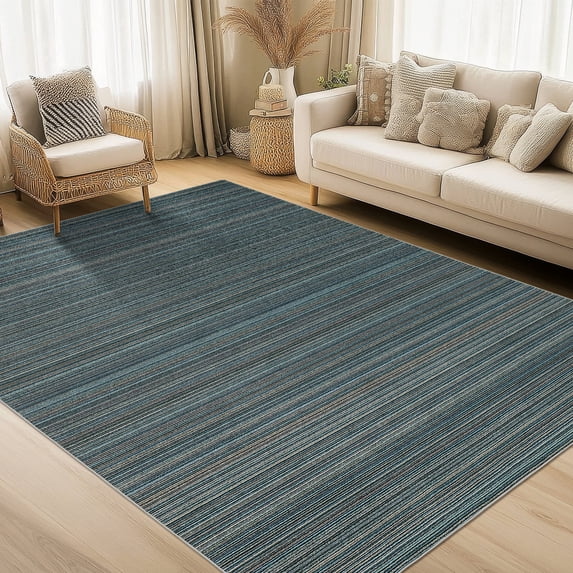 FairOnly Blue 9'x12'Washable Area Rug for Bedroom Modern Striped Floor Cover Non Slip Low Pile Soft Rugs for Living Room Nursery Kitchen