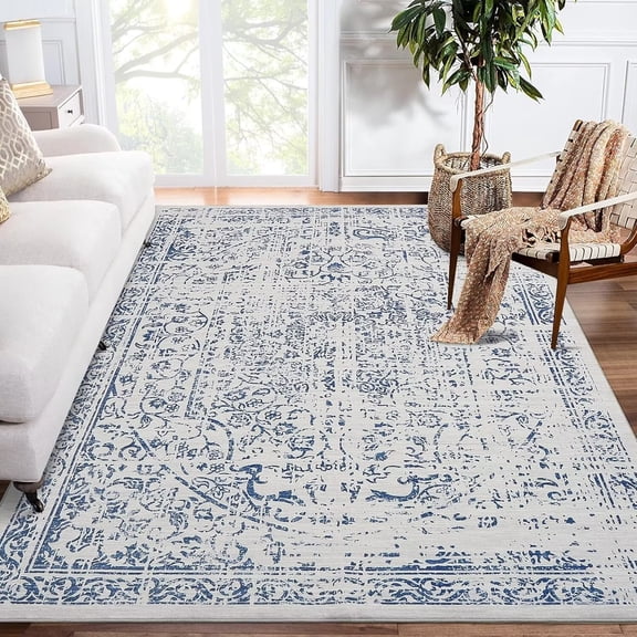 FairOnly Blue Area Rugs 4'x6' Farmhouse Washable Rug for Living Room Non Shedding Soft Carpet for Home Office