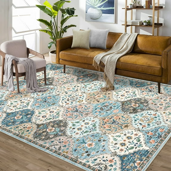 FairOnly Blue Camel 8'x10'Vintage Floral Printed Washable Rugs Non Slip Stain Resistant Soft Ultra Thin Area Rug for Living Room Bedroom