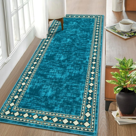 FairOnly Blue Green 2'x6' Modern Machine Washable Non Slip Low Pile Ruuner Rug for Bedroom Kitchen Laundry