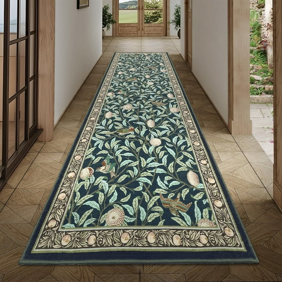 FairOnly Botanical Garden Washable Rug Bird & Fruit Non Slip 2'x6'Runner Rug for Hallway Kitchen Bedroom,Dark Blue