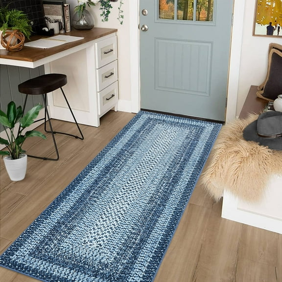 FairOnly Braided Pattern Grey Blue 2'x6'Runner Rug Machine Washable Non Slip Geometric Carpet for Modern Bedroom Laundry Hallway