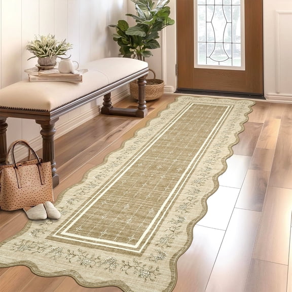 FairOnly Brown 2'x6'Modern Minimalist Scalloped Border Machine Washable Runner Rug for Hallway Kitchen Low Pile Non Slip Pet Friendly Floor Cover for Laundry