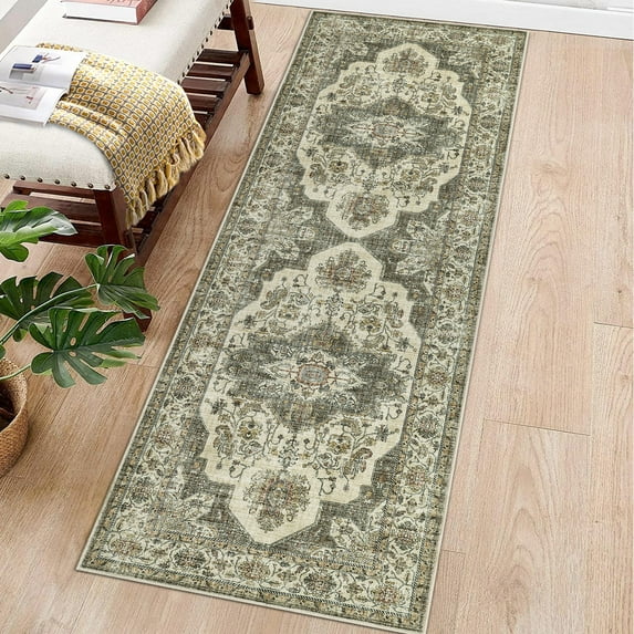 FairOnly Brown 2'x6' Washable Runner Rugs for Hallway Vintage Non Slip Area Rugs for Entryway Laundry Traditional Runner Rug