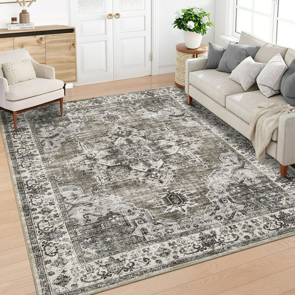 FairOnly Brown 5'x7'Boho Vintage Medallion Floral Area Rug Machine Washable Ultra Thin Non-Slip Pet Friendly Distressed Rug for Living Room Bedroom Kitchen