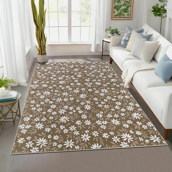 FairOnly Brown 5'x7'Botanical Bloom Machine Washable Non Slip Stain Resistant Area Rug for Modern Home Living Room Decoration