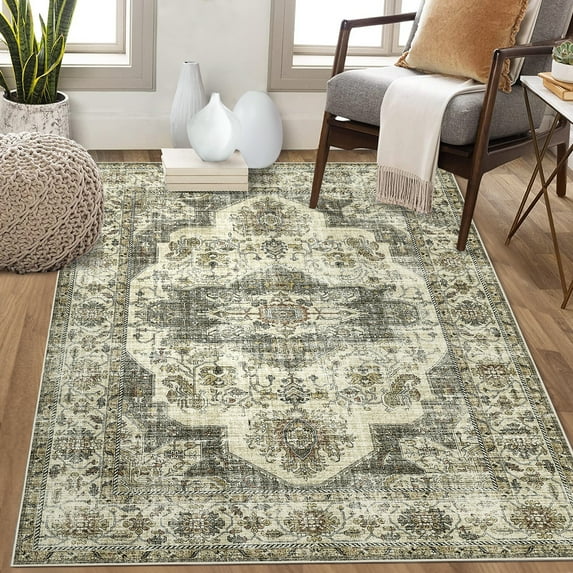 FairOnly Brown 6'x9' Oriental Distressed Area Rugs for Living Room Washable Non Slip Rugs for Bathroom Home Office Carpet