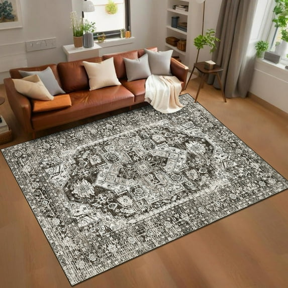 FairOnly Brown Washable Medallion Vintage 8'x10'Area Rug for Dining Room Bedroom Low Pile Stain Resistant Rug for Living Room