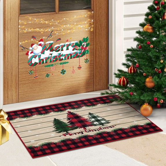 FairOnly Buffalo Plaid Christmas Doormat 17"x29" Non Slip Doormat Farmhouse Outdoor Indoor Entrance Floor Mat, Black Red