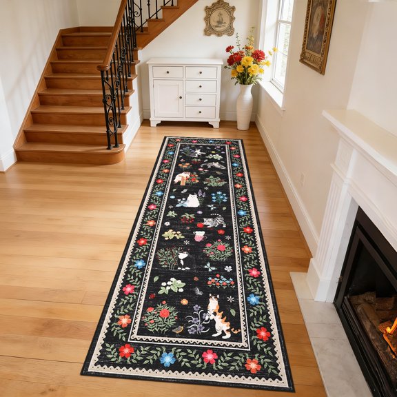 FairOnly Cats & Flowers Printed Black 2'x6' Runner Rug Ultra Thin Washable Pet Friendly Non Slip Rug for Kitchen Bedroom Bathroom