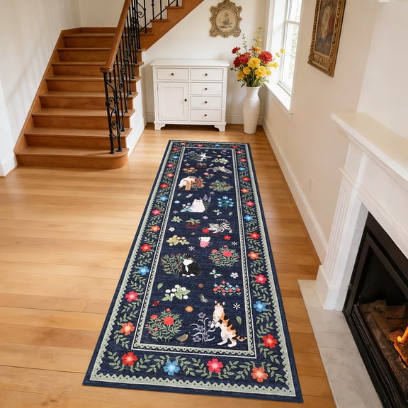 FairOnly Cats & Flowers Printed Blue 2'x6' Runner Rug Ultra Thin Washable Pet Friendly Non Slip Rug for Kitchen Bedroom Bathroom