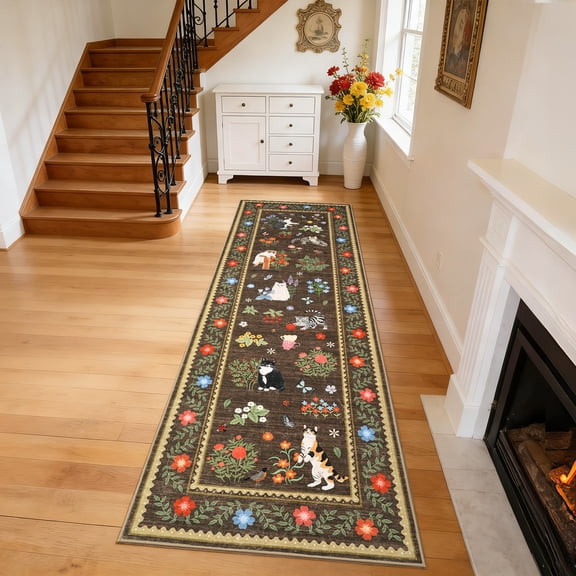 FairOnly Cats & Flowers Printed Brown 2'x6' Runner Rug Ultra Thin Washable Pet Friendly Non Slip Rug for Kitchen Bedroom Bathroom