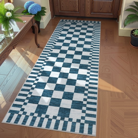 FairOnly Checkerboard 2'x6'Brown Runner Rug Machine Washable Stain Resistant Non Slip Geometric Mat for Hallway Kitchen Laundry