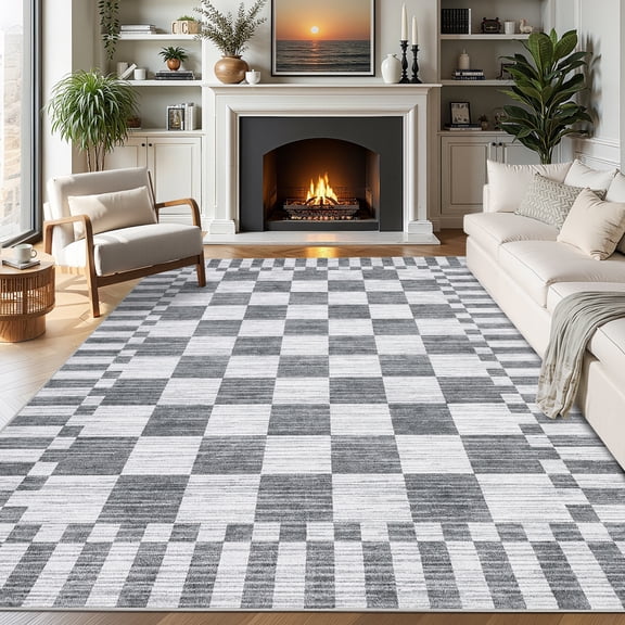 FairOnly Checkerboard 9'x12'Light Grey Area Rug Machine Washable Stain Resistant Non Slip Geometric Floor Cover for ModernLiving Room Bedroom Dining