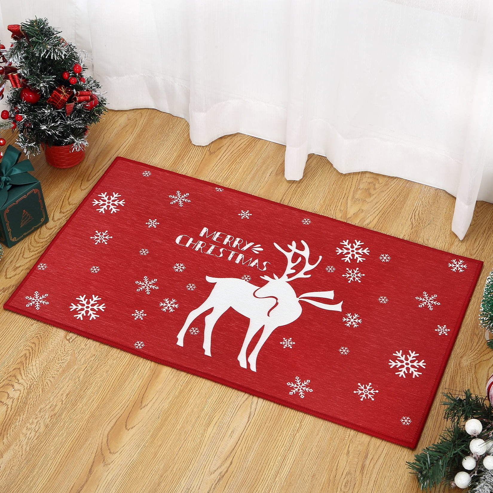 EwdeWwo Christmas Winter Indoor Doormat Welcome Door Mat, 20 x 40  Reindeer Snowy Forest PVC Leather Mat Soft Non-Slip Rubber Backing,  Durable