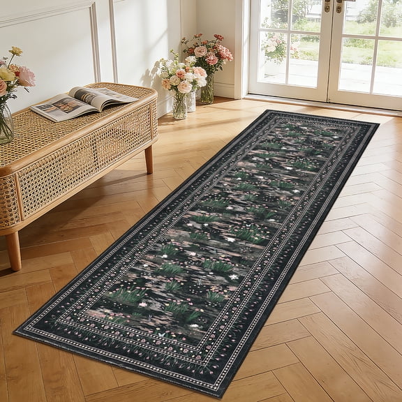 FairOnly Floral Print 2'x6'Black Runner Rug Machine Washable Pet Friendly Ultra Thin Non Slip Mat for Hallway Kitchen Laundry