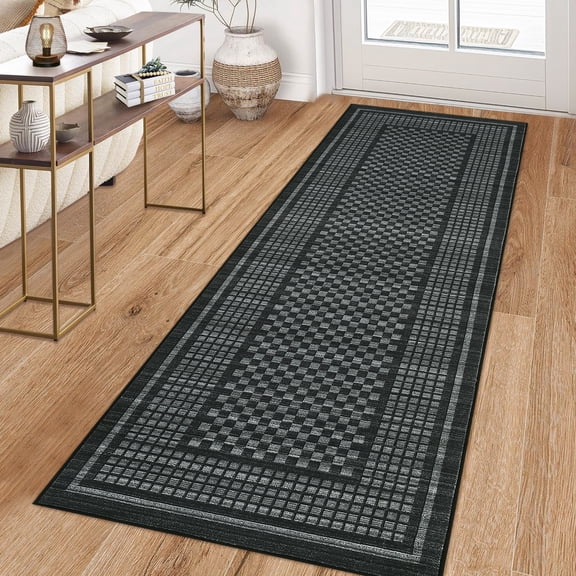 FairOnly Geometric 2'x6'Non Slip Washable Runner Rug for Modern Living Room Low Pile Foldable Floor Carpet for Entryway Laundry Kitchen,Black