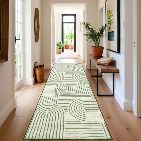 FairOnly Geometric Green 2'x6'Runner Rug Washable Ultra Thin Non-Slip Pet Friendly Modern Striped Rug for Bedroom Kitchen