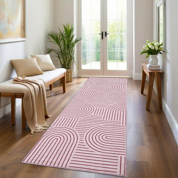 FairOnly Geometric Pink 2.5'x8'Runner Rug Washable Ultra Thin Non-Slip Pet Friendly Modern Striped Rug for Bedroom Kitchen