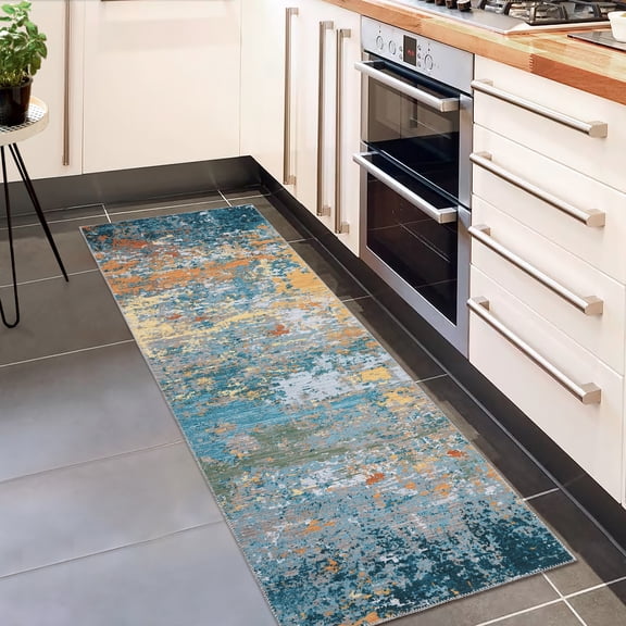 FairOnly Golden Blue 2'x6'Abstract Colorful Texture Runner Rug Non Slip Stain Resistant Foldable Rug for Kitchen Hallway