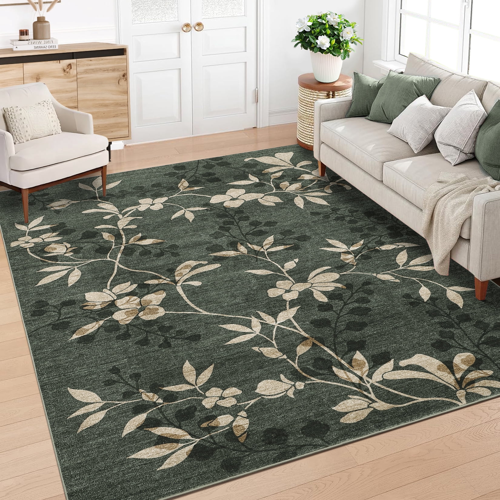 FairOnly Green 10'x13'Large Modern Floral Printed Area Rug Low Pile Non Slip Soft Carpet for Living Room