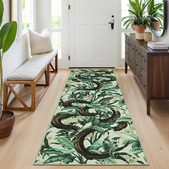 FairOnly Green 2'x6'Pastoral Washable Non Slip Runner Rug for Living Room Low Pile Foldable Snake Pattern Rug for Bedroom Kitchen