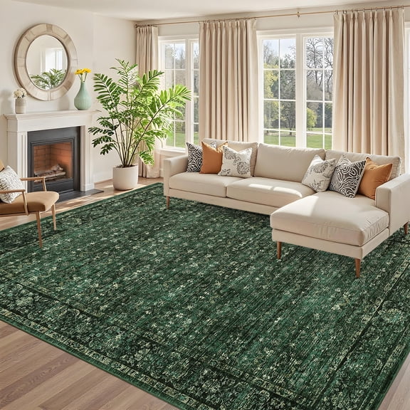FairOnly Green 5'x7'Boho Vintage Floral Printed Machine Washable Area Rug for Bedroom Non Slip Ultra Thin Low Pile Pet Friendly Rug for Living Room Bedroom Kitchen