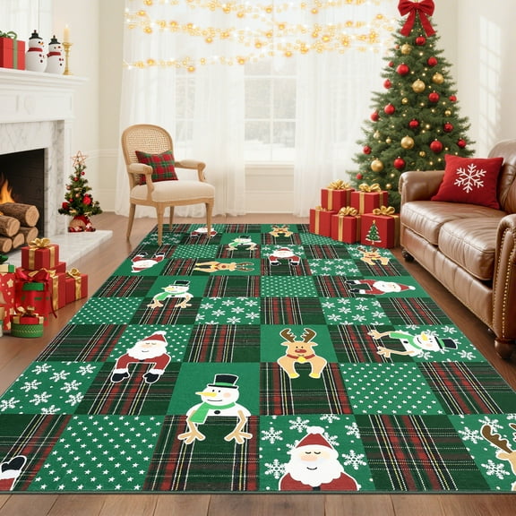 FairOnly Green 5'x7'Classical Christmas Area Rug Plaid with Reindeer Snowman & Santa Pattern Low Pile Washable Non Slip for Festive High-Traffic Zones
