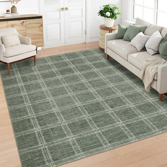 FairOnly Green 5'x7'Modern Geometric Checkered Area Rug for Living Room Machine Washable Low Pile Pet Friendly Non Slip Rug for Bedroom Kitchen Dining Room